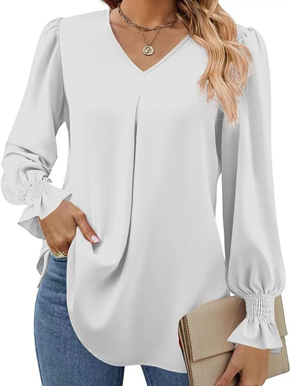 V-Neck Long Sleeve Ruffle Cuff Blouse, image 15