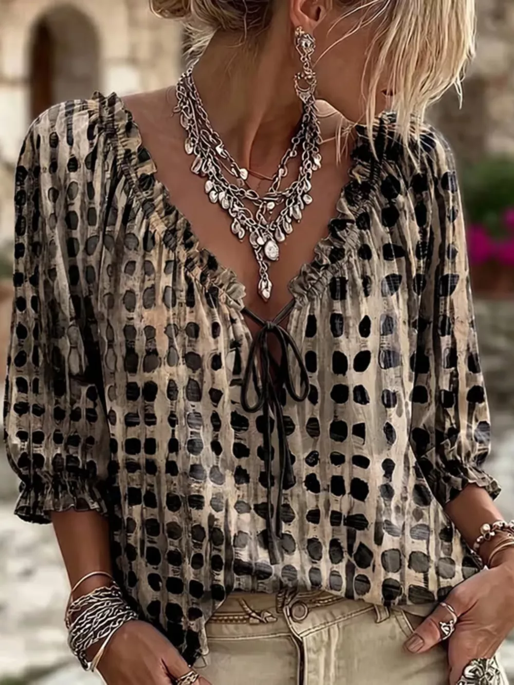 Full Size Tie Neck 3/4 Sleeve Blouse Plus Size, image 17