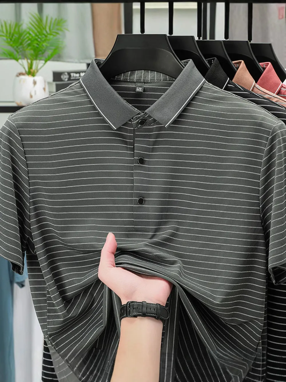 Men's Full Size Striped Button Detail Short Sleeve Polo Plus Size, image 7