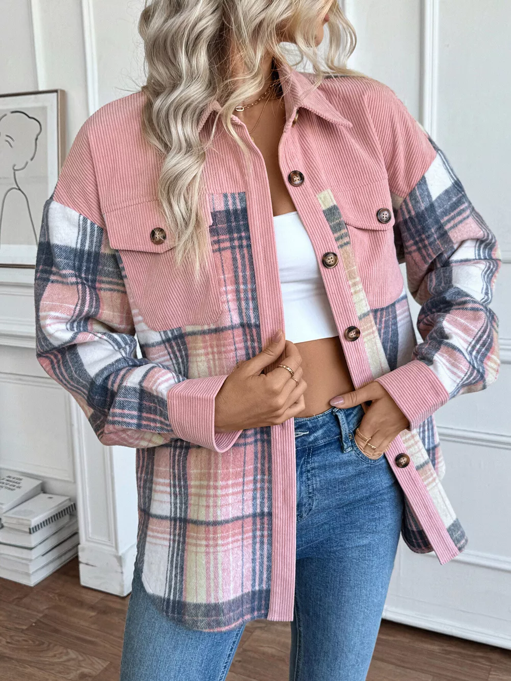 Plaid Button-Up Shacket with Chest Pockets, image 5
