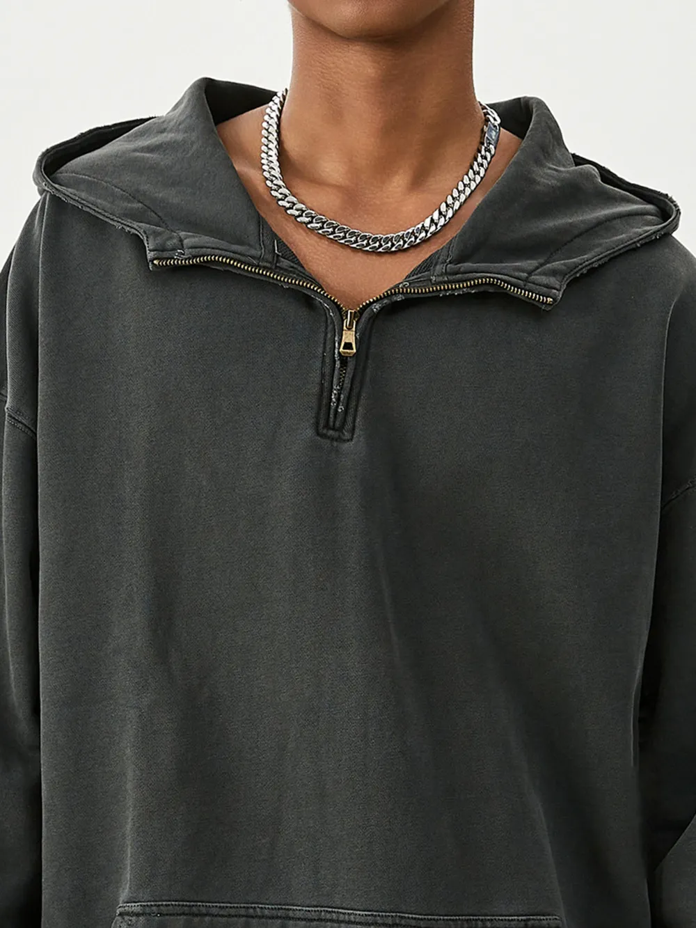 Men's Washed Quarter-Zip Hoodie with Kangaroo Pocket, image 4
