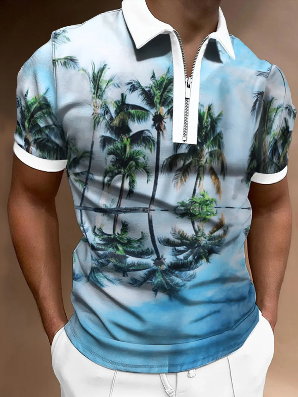Men's Full Size Tropical Palm Tree Print Zipper Polo Plus Size