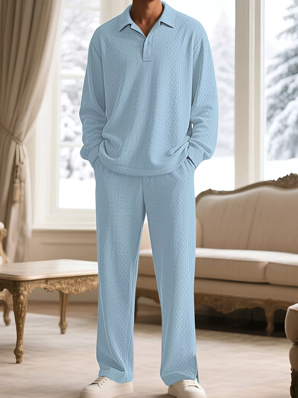 Men's Full Size Textured Long Sleeve Top and Pants Set Plus Size, image 3