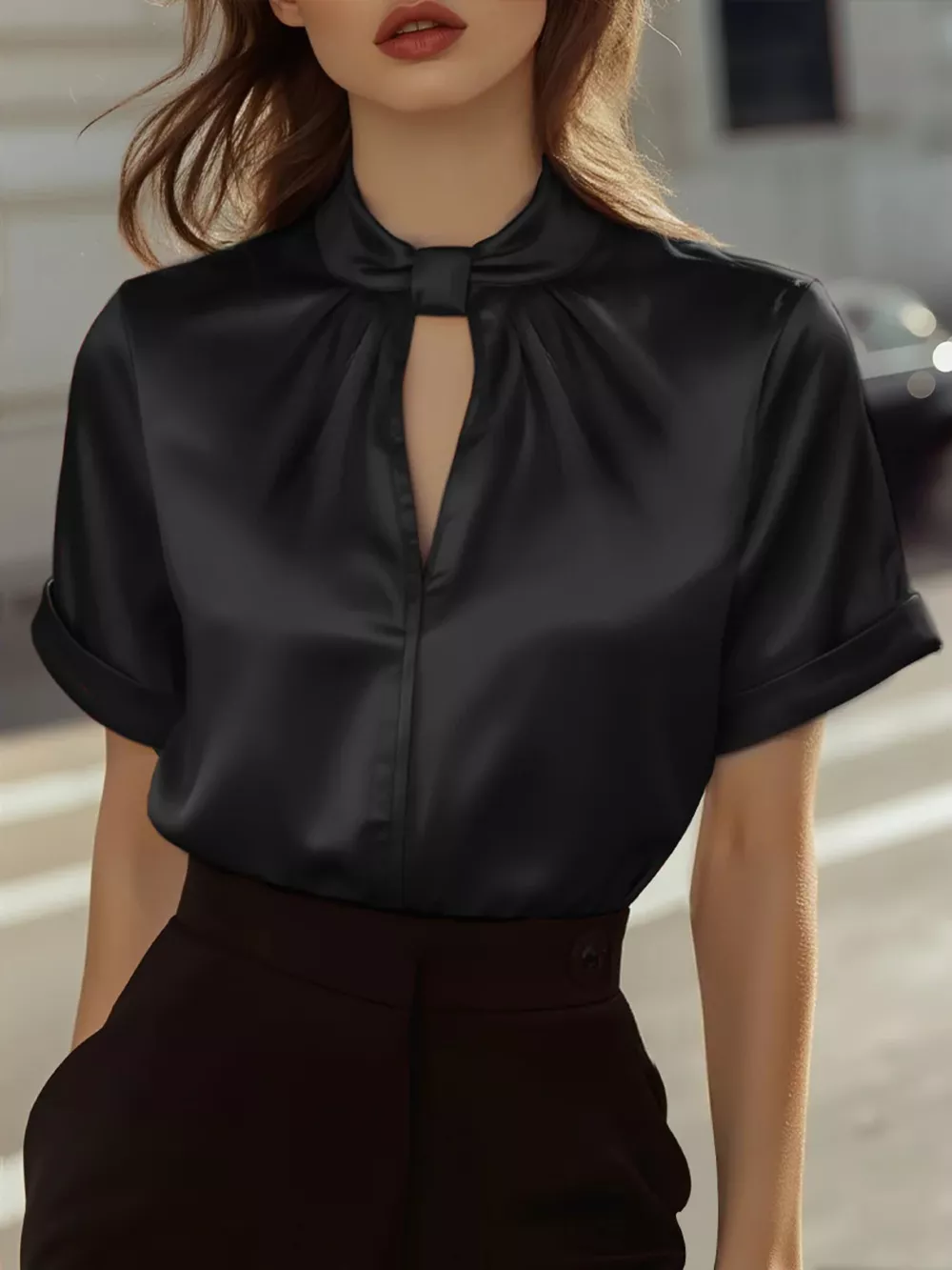 Keyhole Neck Satin Short Sleeve Blouse, image 5