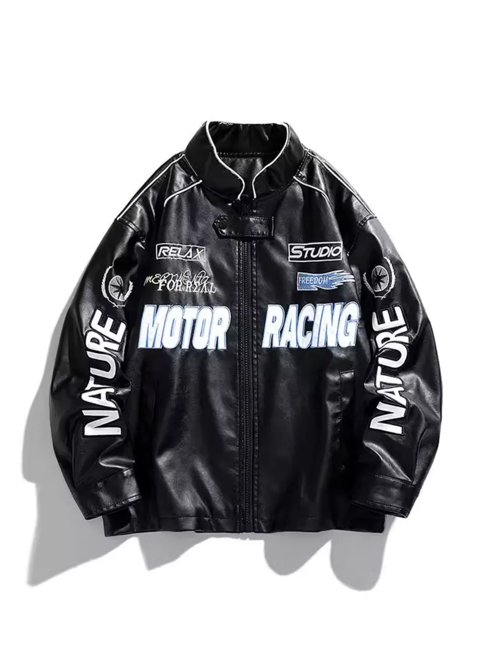 Men's Plus Size Zip Up Motor Racing Leather Jacket