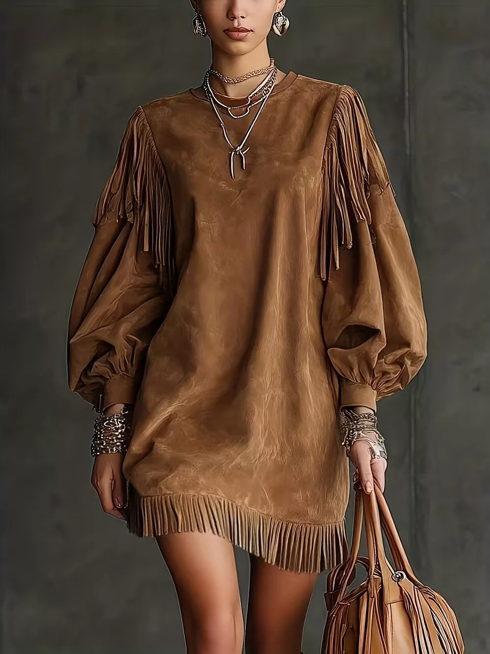 Fringe Detail Lantern Sleeve Mini Dress, image 13