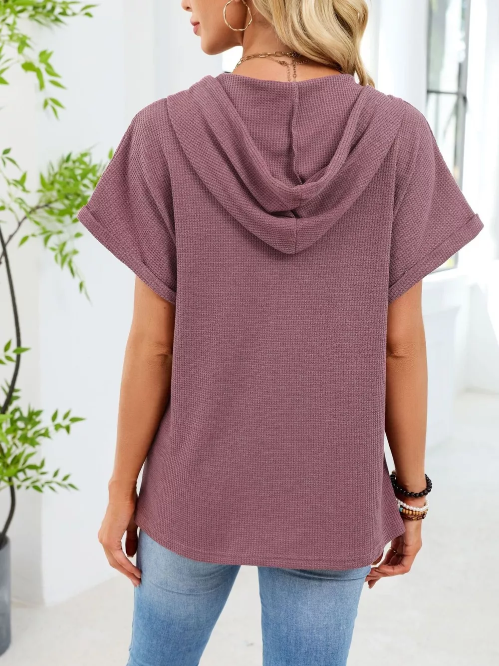 Casual Waffle Knit Button Detail Hooded Top, image 14