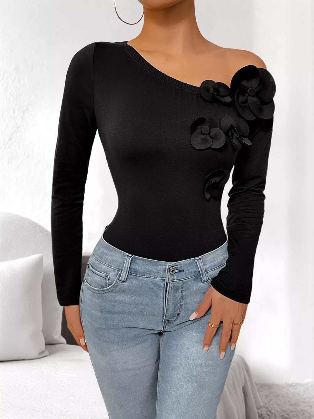 Flower One Shoulder Long Sleeve Bodysuit, image 7