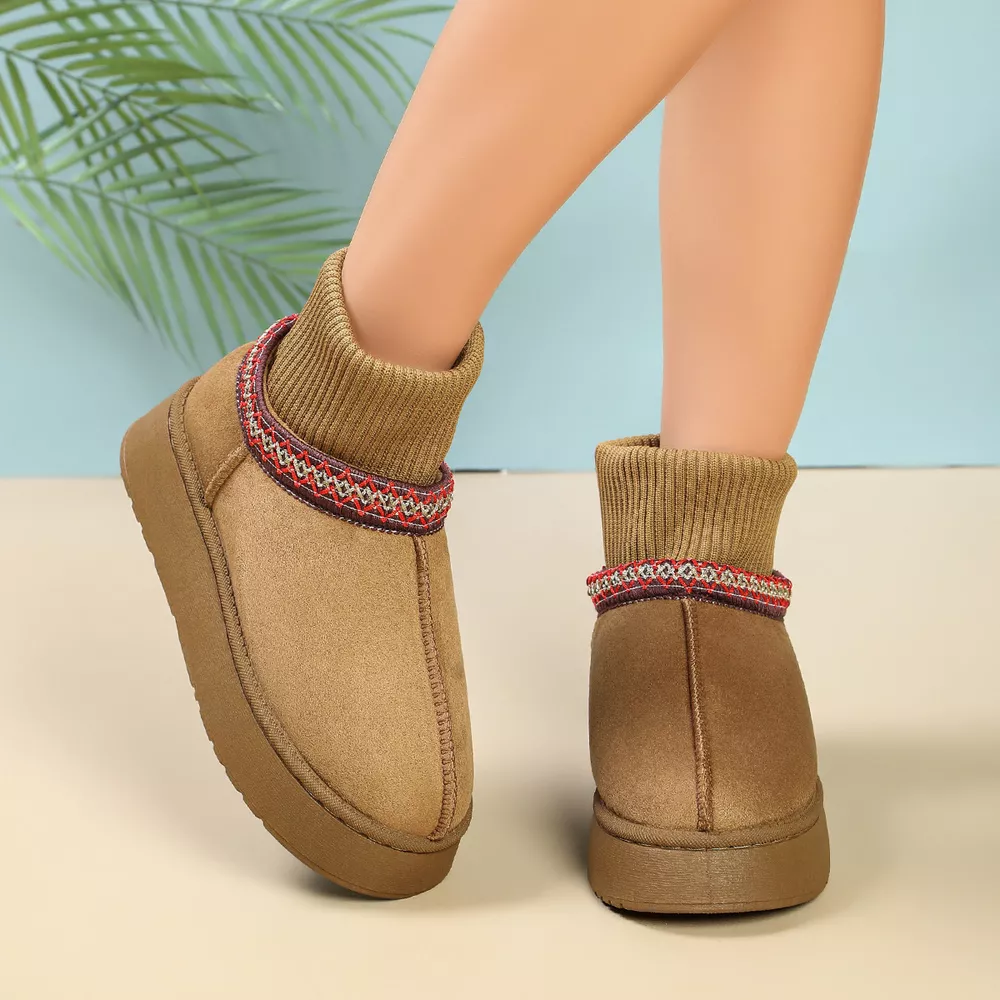 Cozy Knit-Cuff Platform Suede Boots with Decorative Trim, image 6