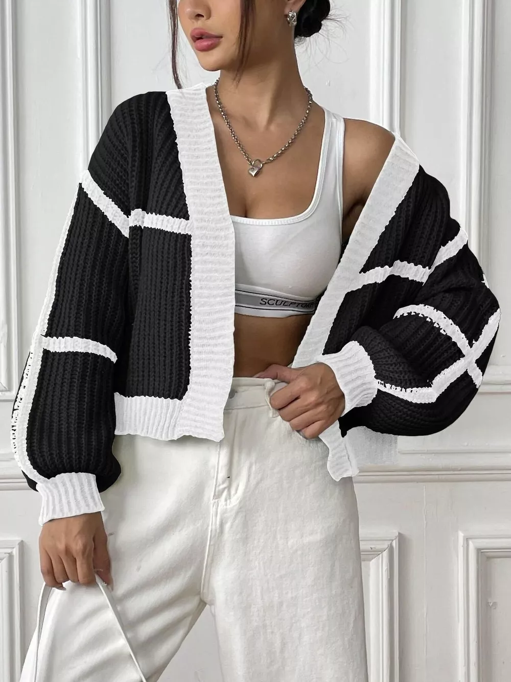 Color-Block Ribbed Knit Open-Front Cropped Cardigan, image 15