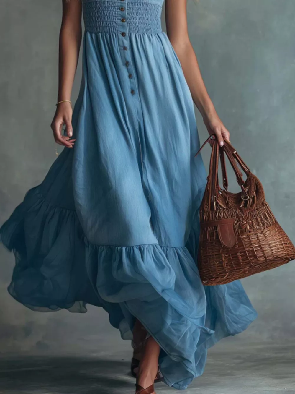 Smocked Button Front Denim Maxi Dress, image 3