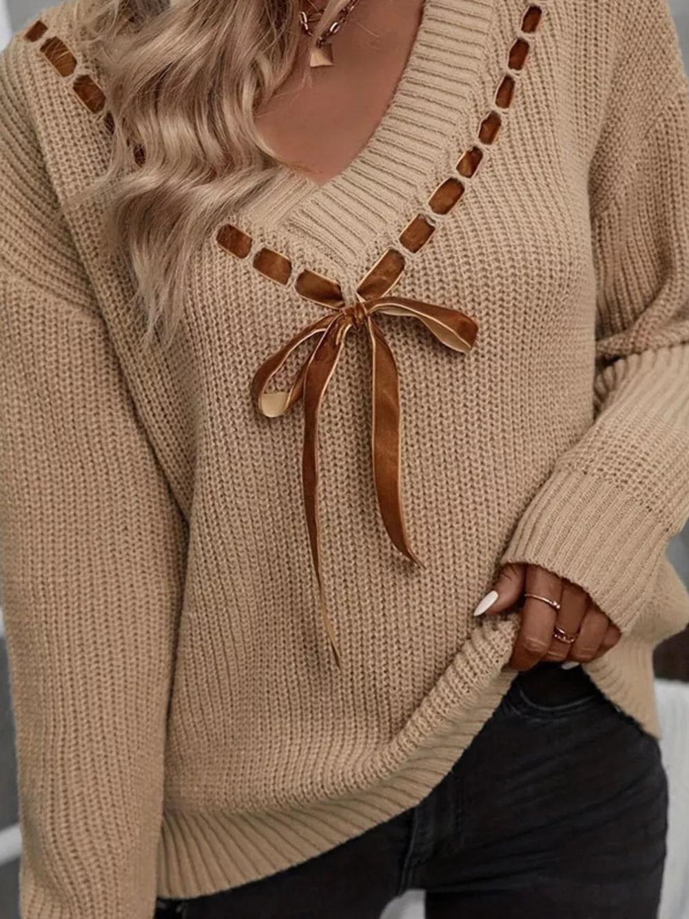 Ribbon Tie V-Neck Sweater, image 4