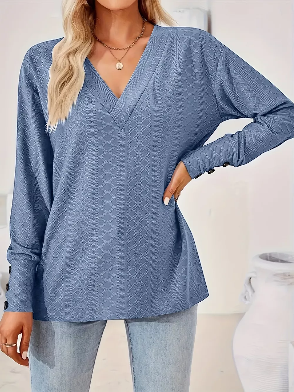 Plus Size V-Neck Textured Long Sleeve T-Shirt, image 4