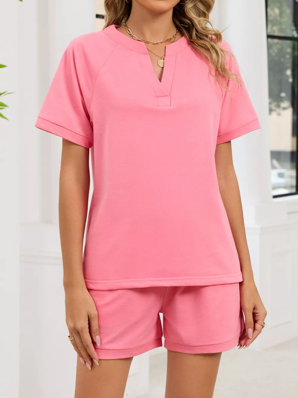 Notched Short Sleeve Top and Shorts Set, image 24