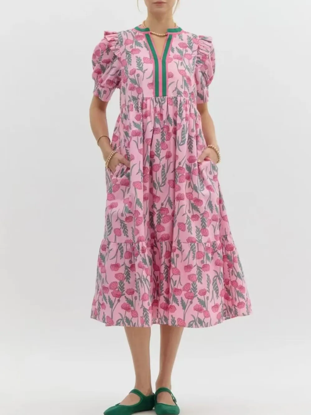 Floral Puff Sleeve Midi Dress with Contrast Trim