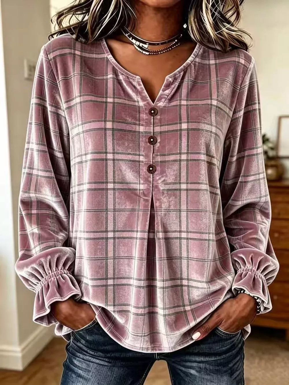 Full Size Plaid Velvet Flounce Sleeve Blouse Plus Size, image 15