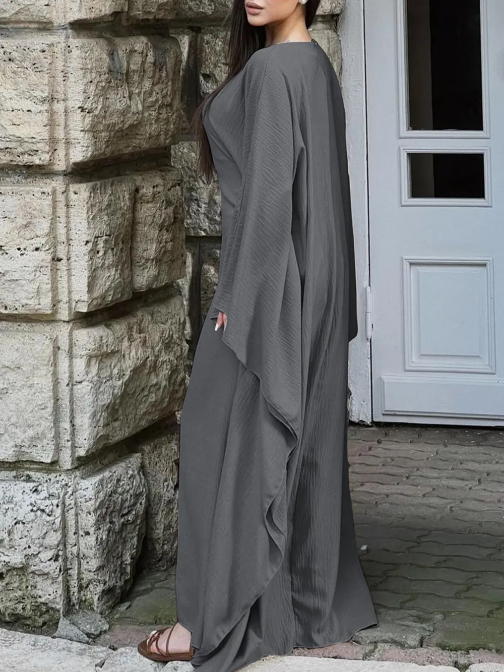 Round Neck Maxi Dress with Flowing Cape Sleeves, image 9