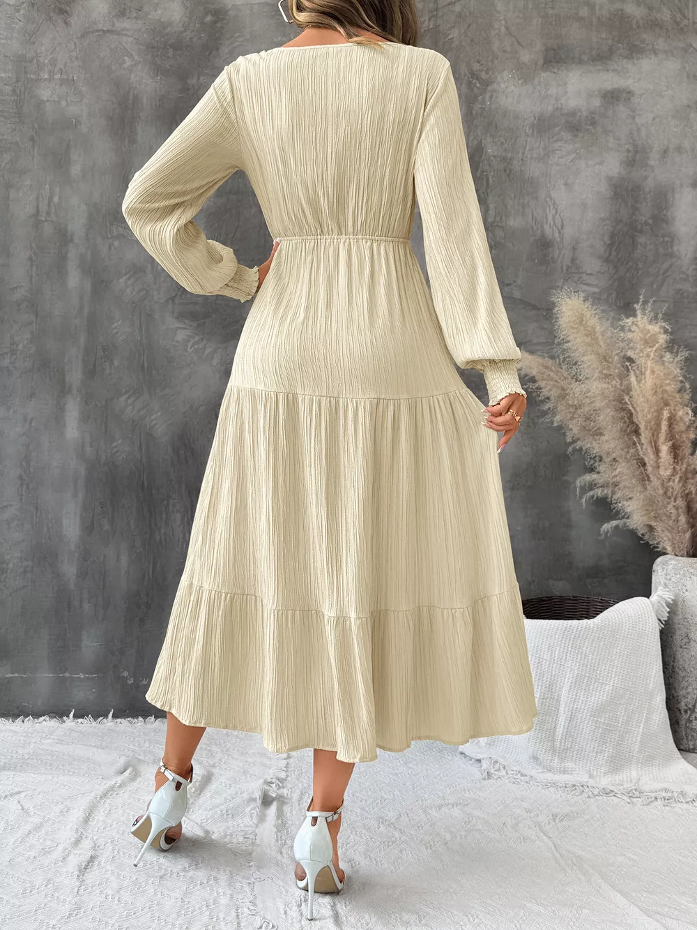 Tiered V-Neck Long Sleeve Dress, image 6