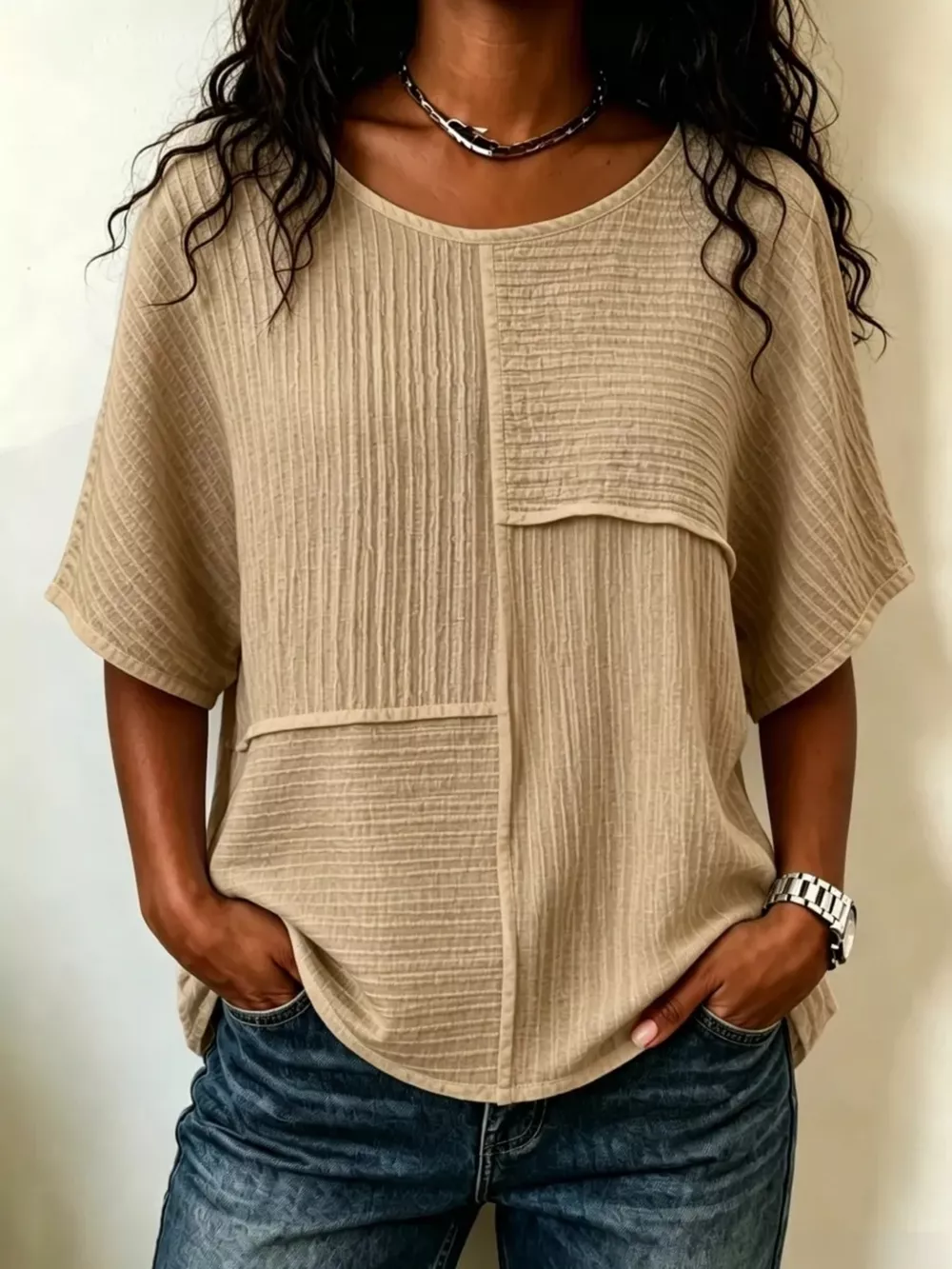 Full Size Texture Round Neck Half Sleeve Blouse Plus Size, image 3