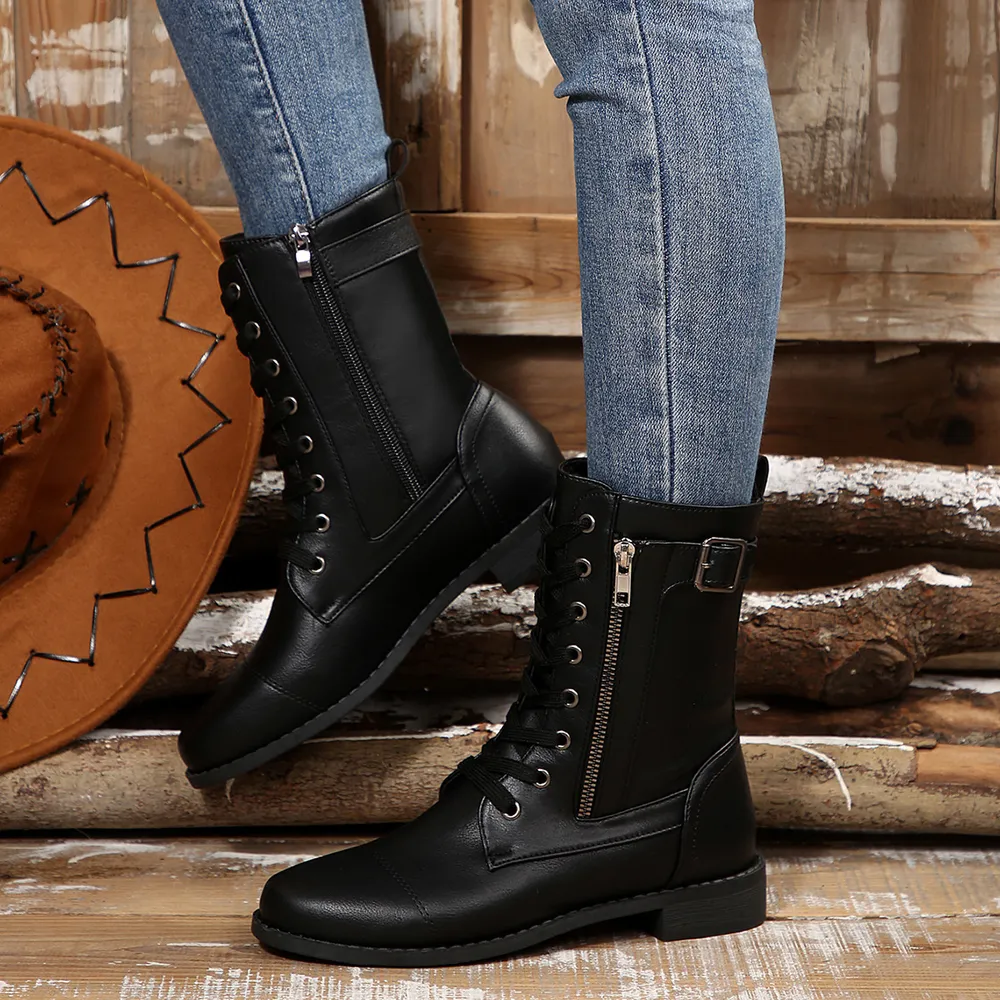 Round Toe Lace Up Block Heels Boots, image 5