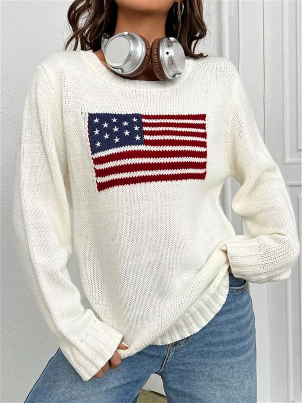 US Flag Round Neck Long Sleeve Sweater, image 5