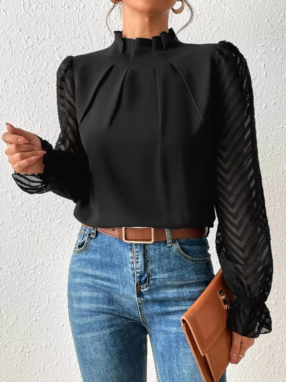 Mock Neck Sheer Lace Sleeve Blouse, image 16