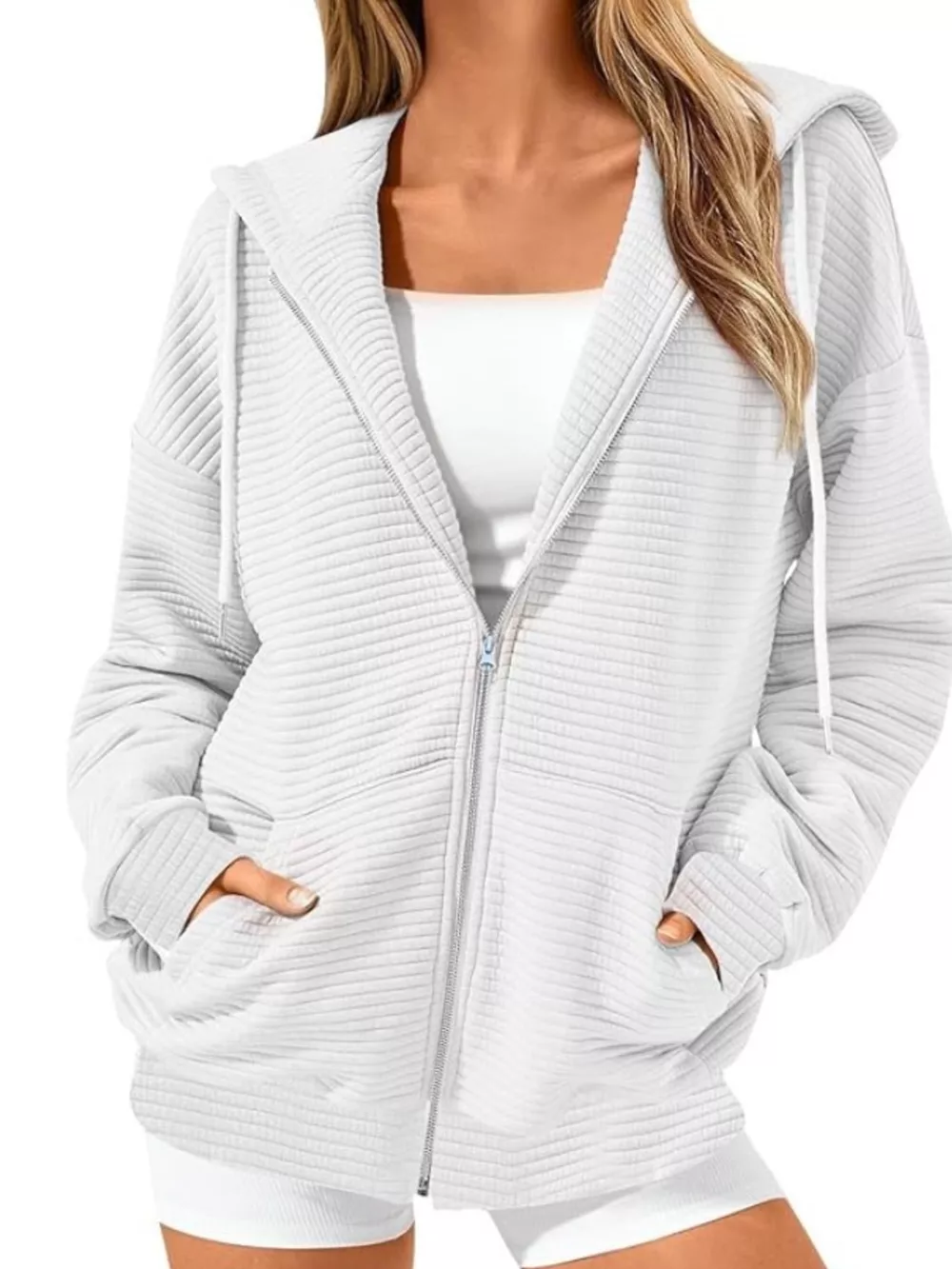 Drawstring Zip Up Dropped Shoulder Hoodie, image 13