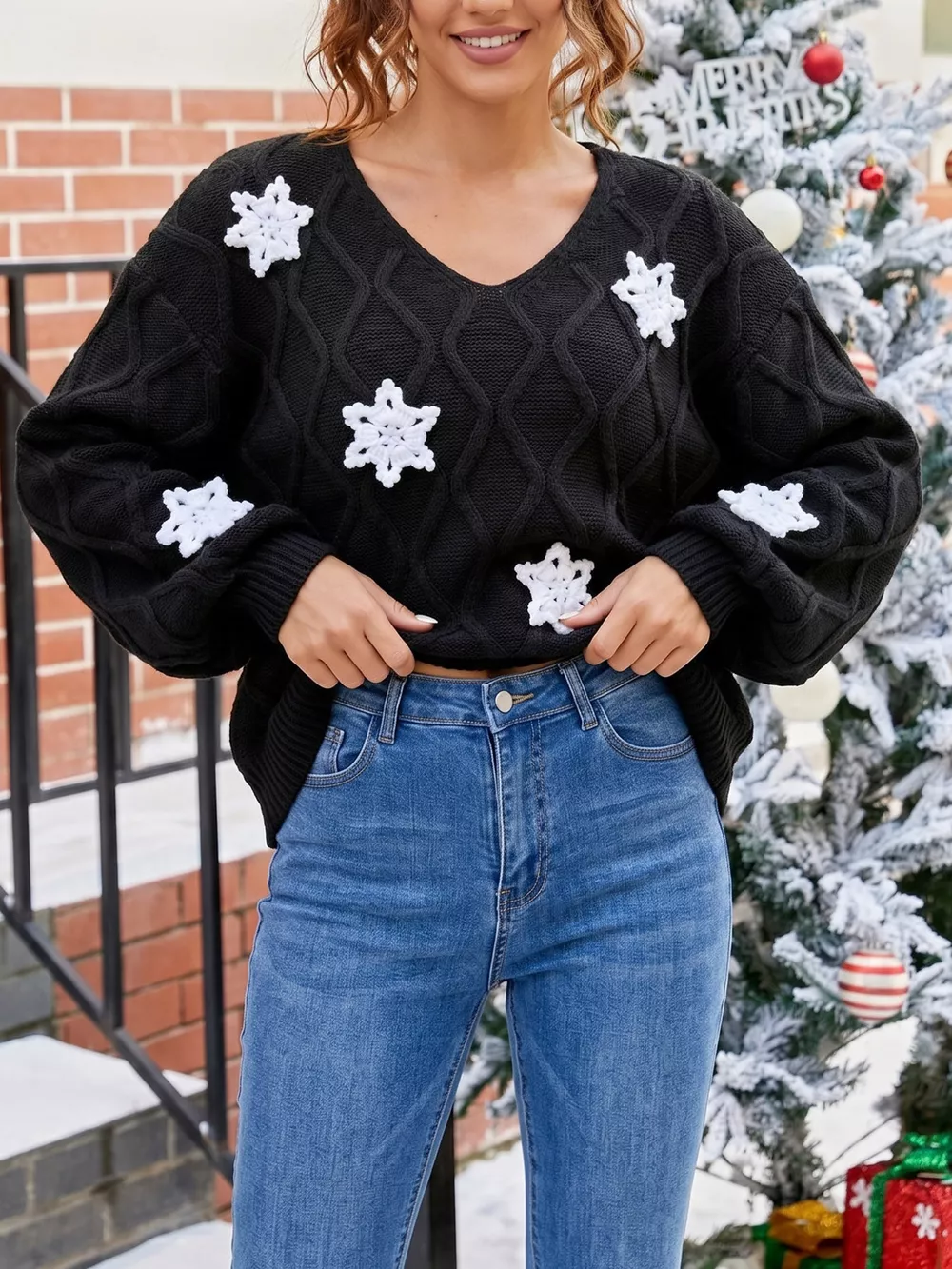 Snowflake Textured V-Neck Sweater