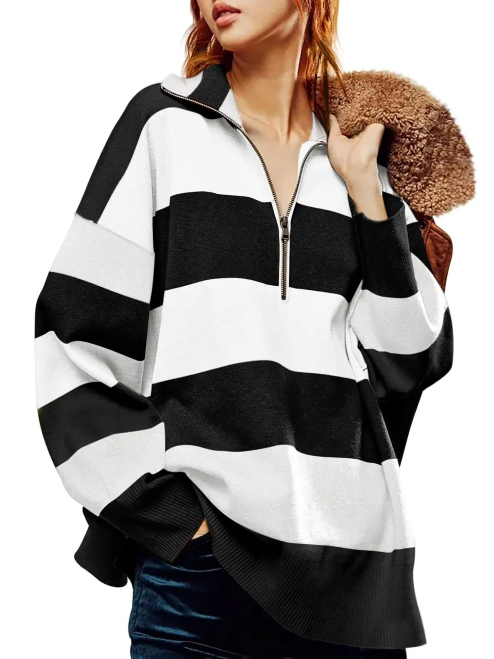 Striped Half-Zip Oversized Sweatshirt