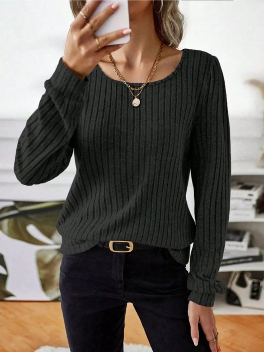 Ribbed Knit Long Sleeve T-Shirt, image 28