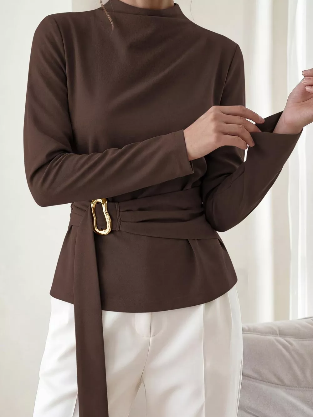 Mock Neck Blouse with Waist-Defining Metal Buckle Detail, image 13