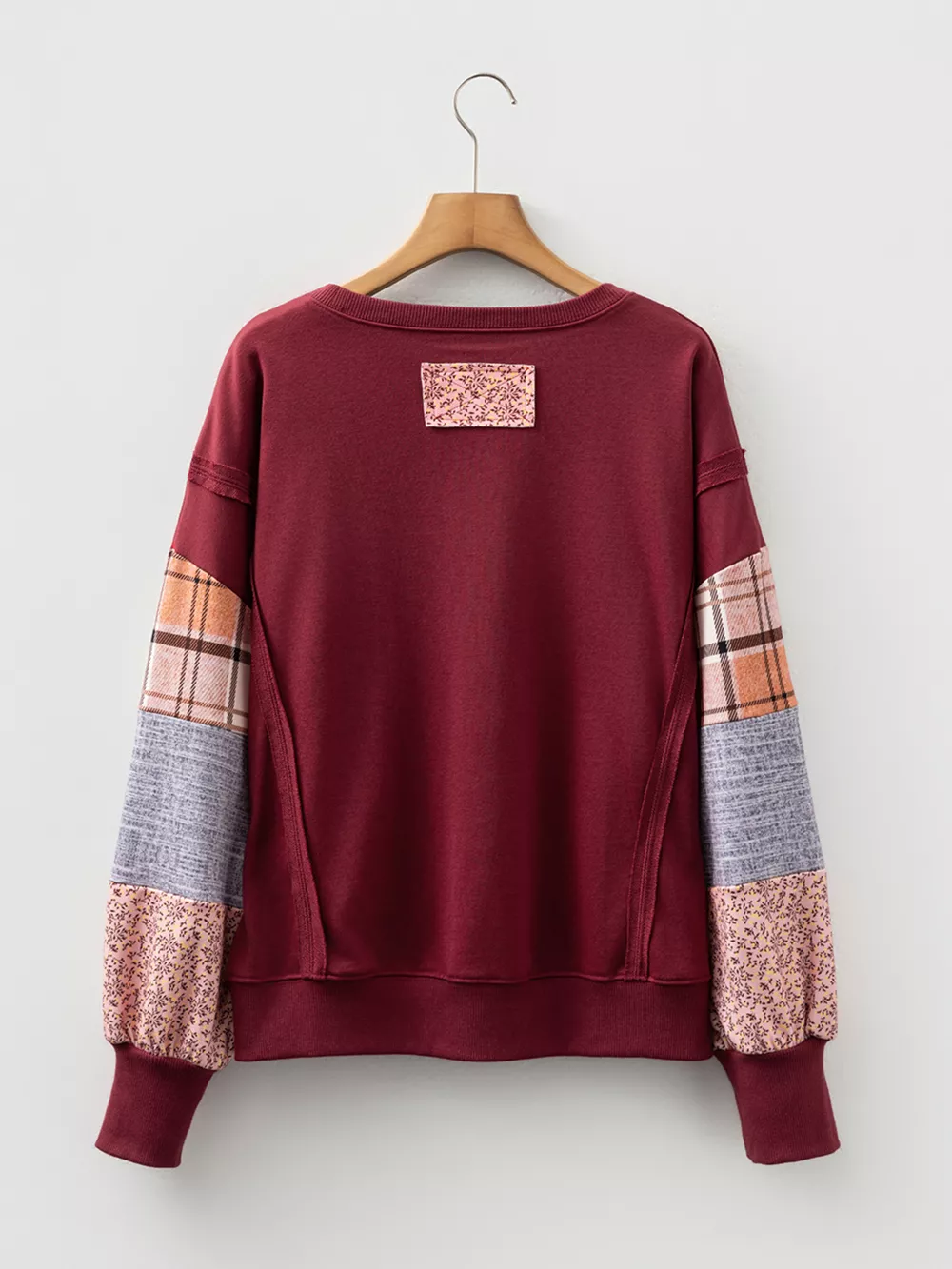Plaid Colorblock Patchwork Sleeve Raw Seam Sweatshirt, image 8