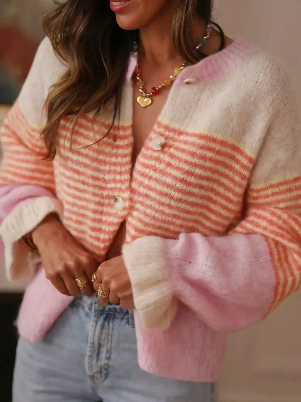 Striped Color-Block Button-Down Cardigan, image 2