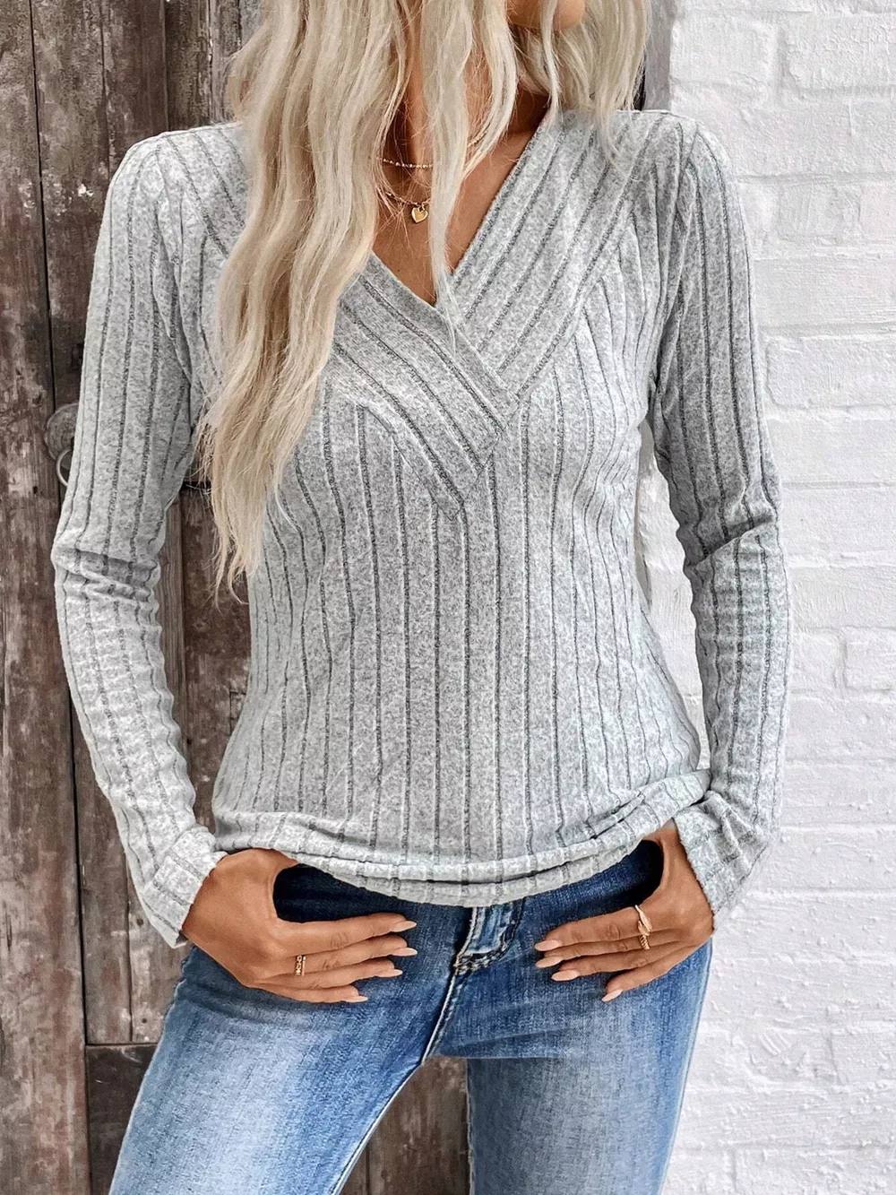 Ribbed V-Neck Long Sleeve Knit T-Shirt, image 2