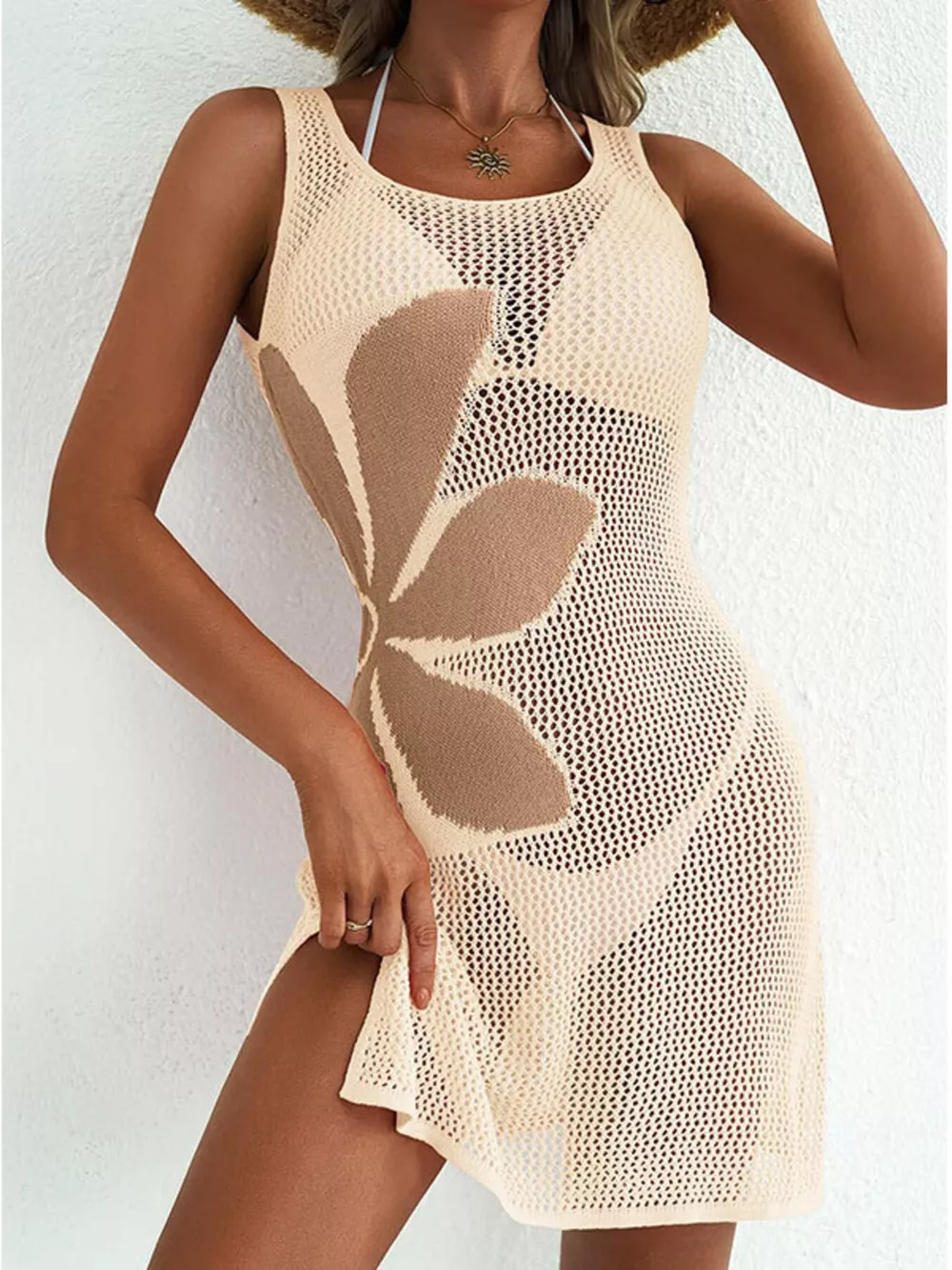 Side Slit Flower Crochet Knit Cover Up Dress, image 5