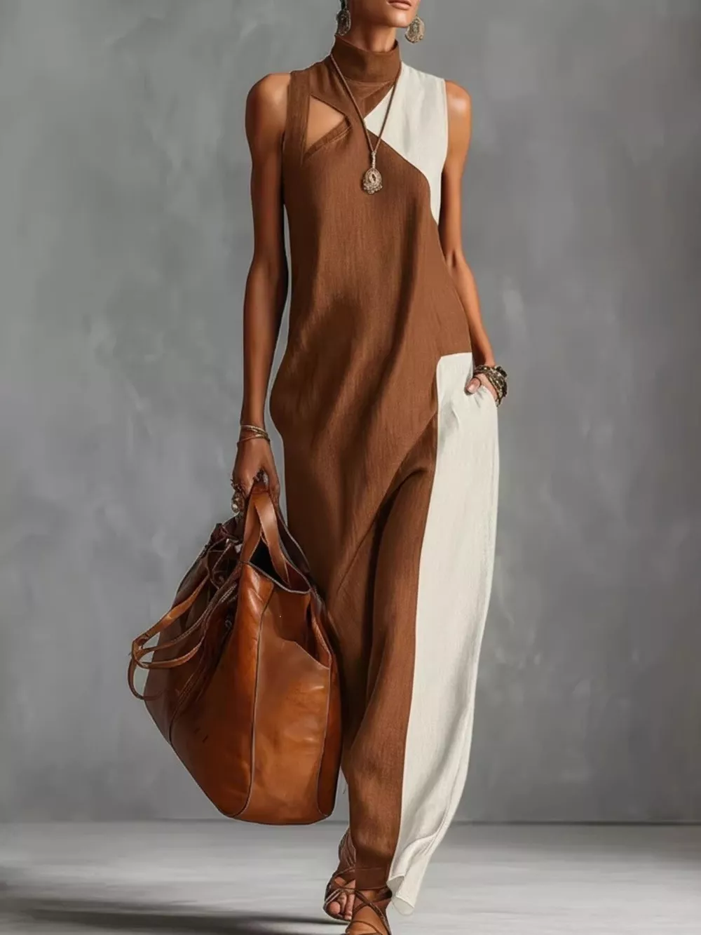 Full Size Color Block Mock Neck Sleeveless Maxi Dress Plus Size, image 4