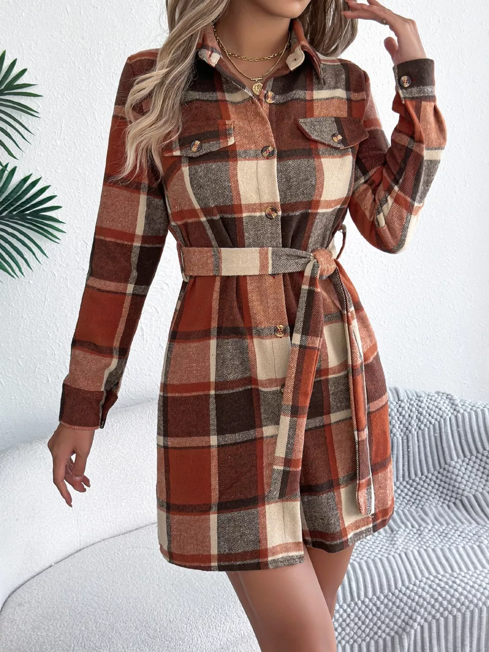 Plaid Button Front Tie Waist Shirt Dress, image 9