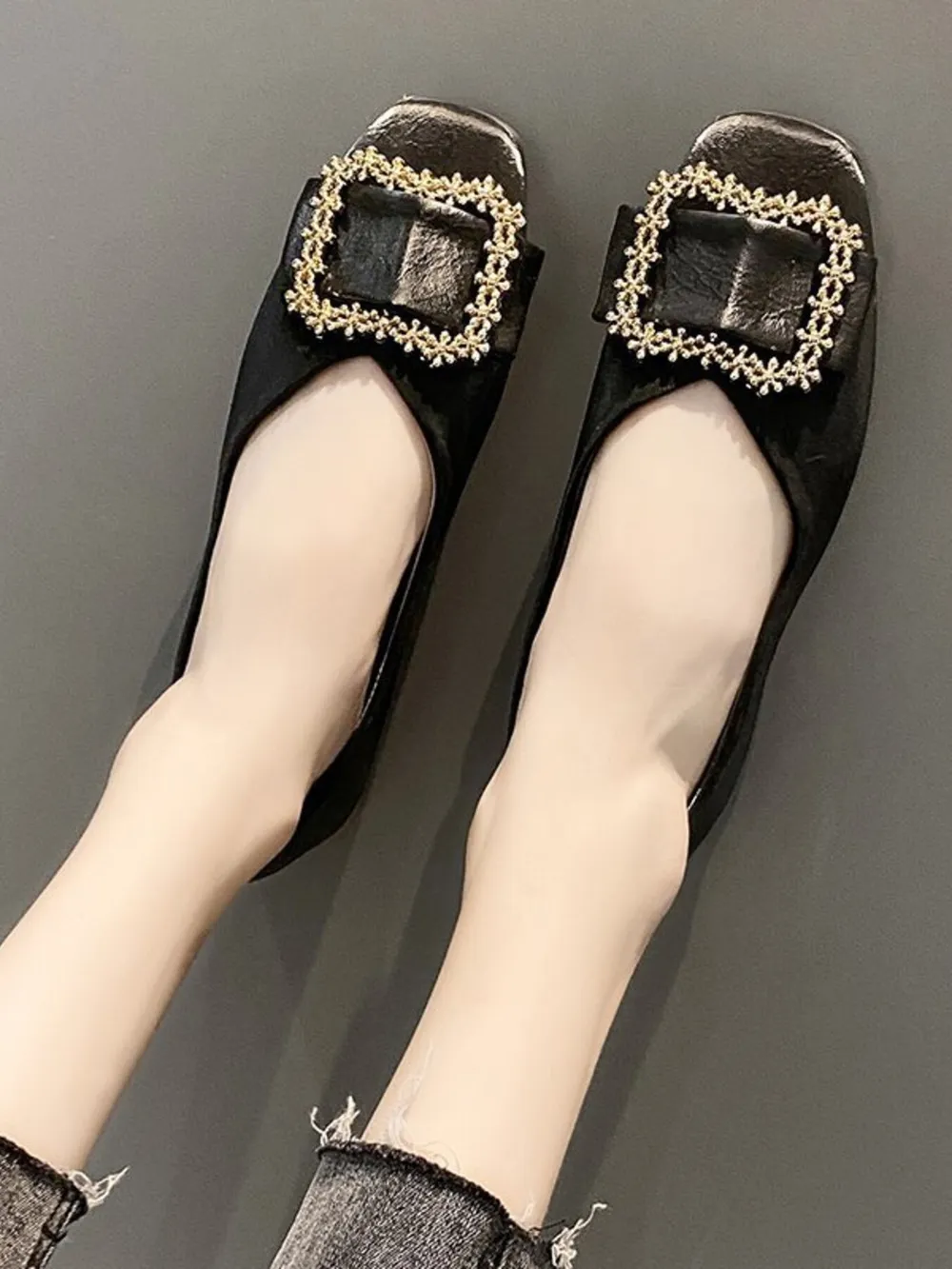 Square Toe Buckle Detail Loafers