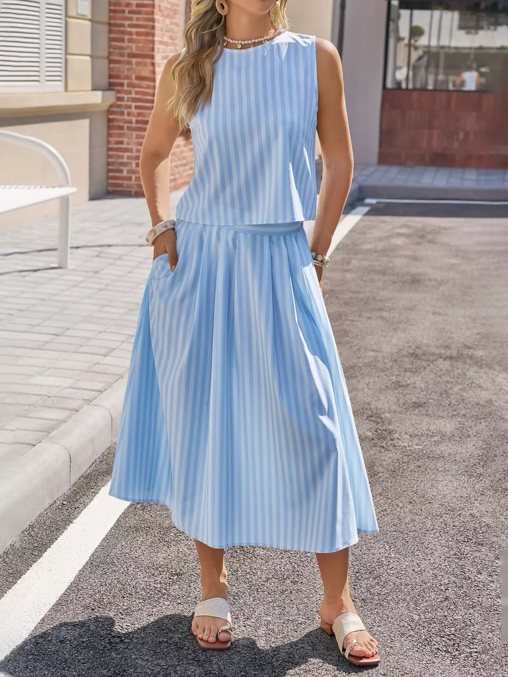 Striped Sleeveless Top and Midi Skirt Set, image 2