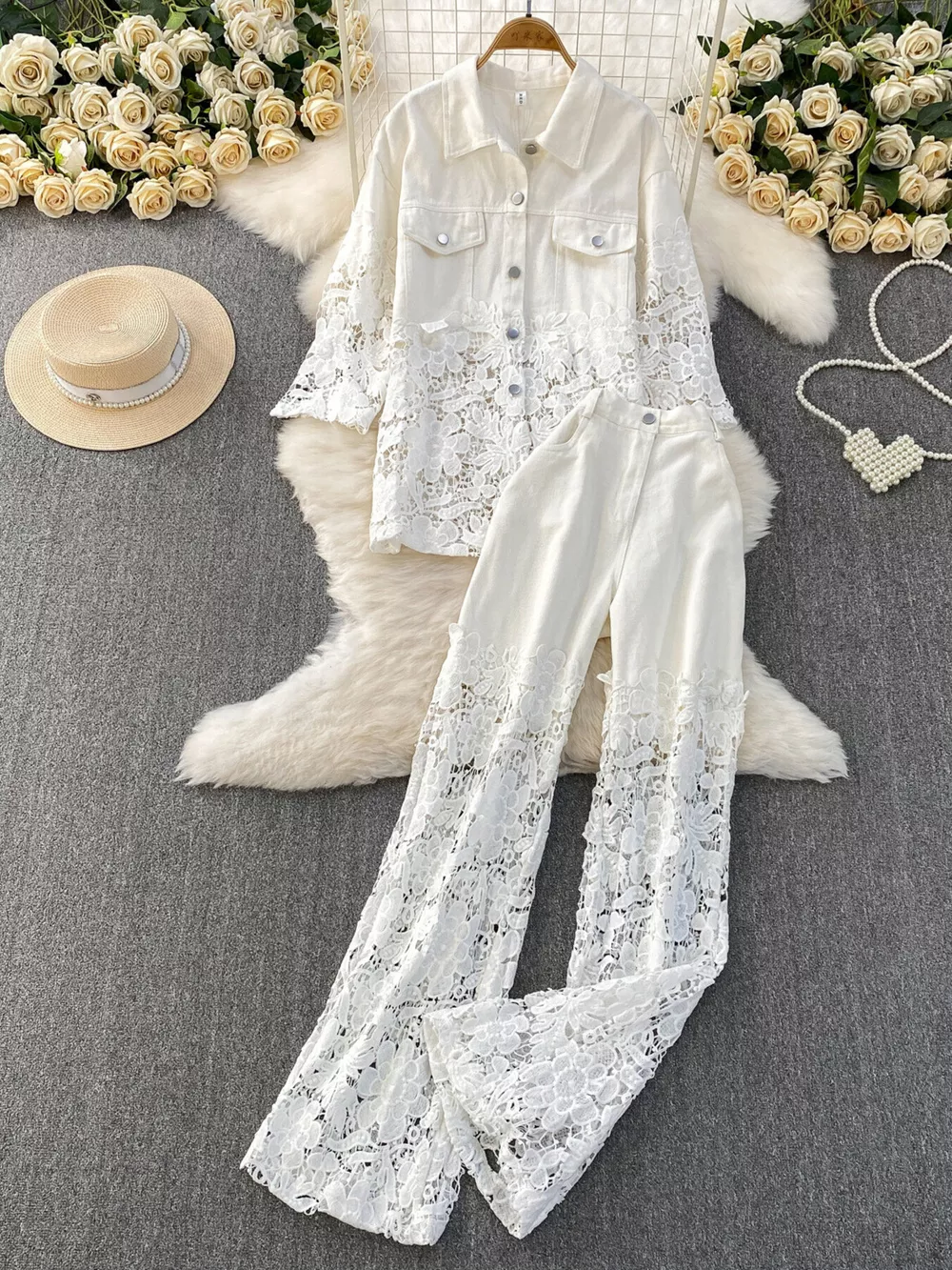Lace Patchwork Shacket and Pants Set, image 17