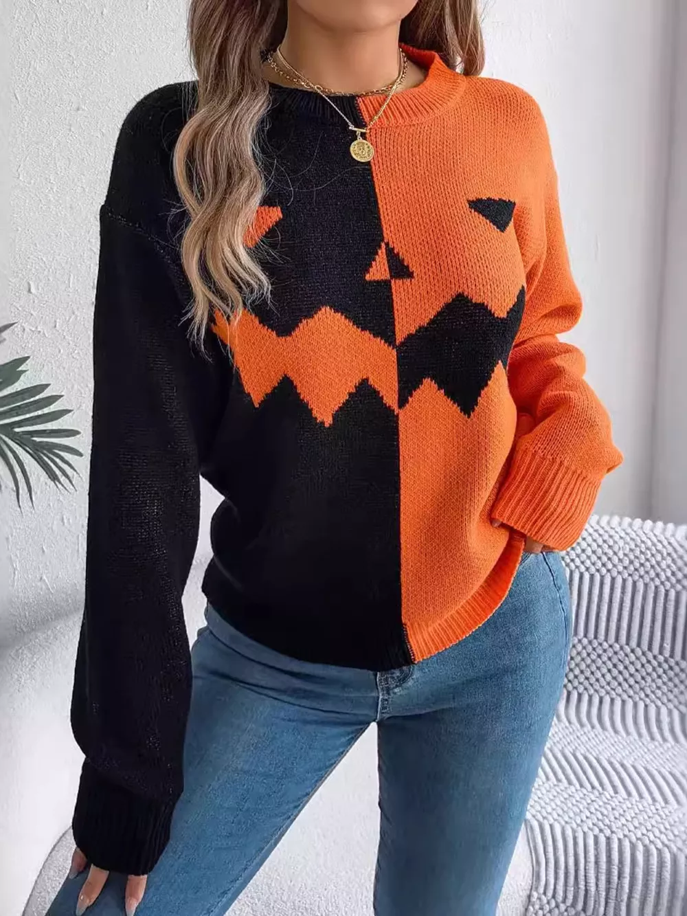 Pumpkin Face Graphic Two Tone Sweater, image 2