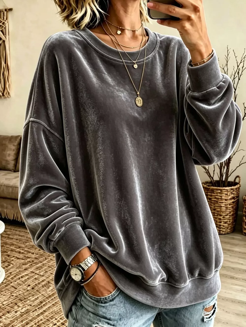 Full Size Loose Fit Velvet Dropped Shoulder Sweatshirt Plus Size, image 10