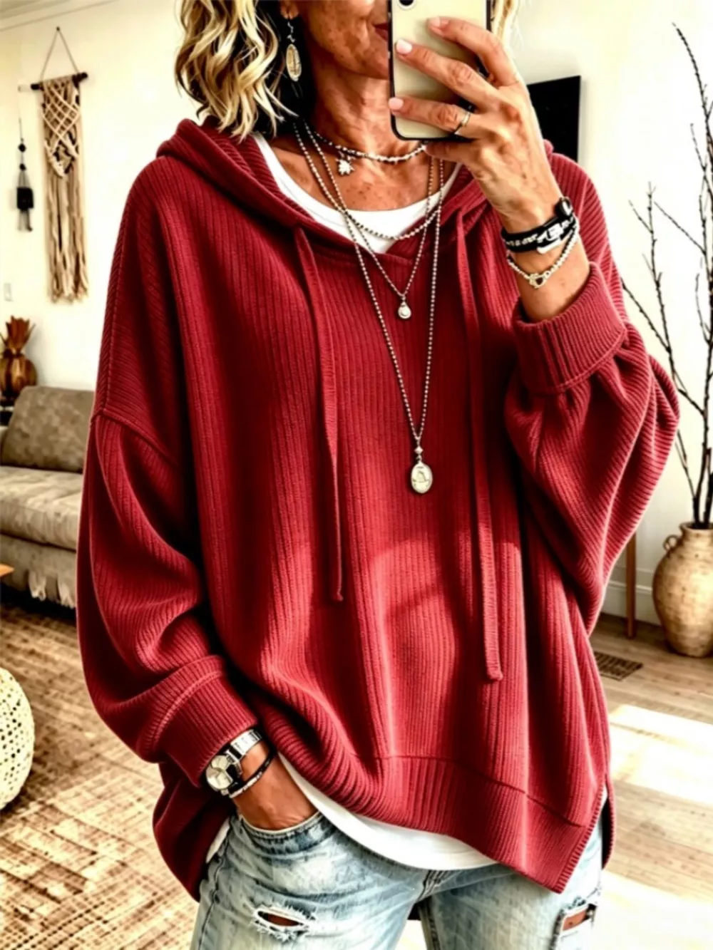 Drawstring Ribbed Knit Hoodie, image 9