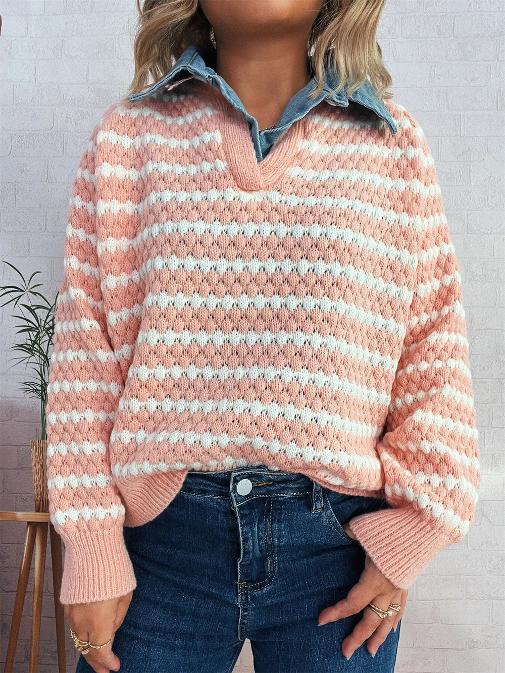 Contrast Striped Sweater with Denim Collar, image 22