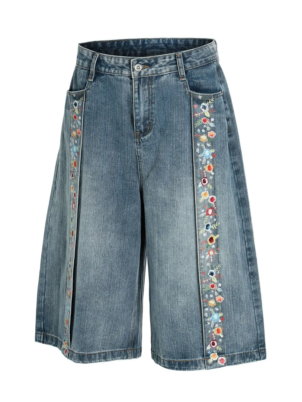 Men's Floral Trim Wide Leg Denim Shorts, image 2