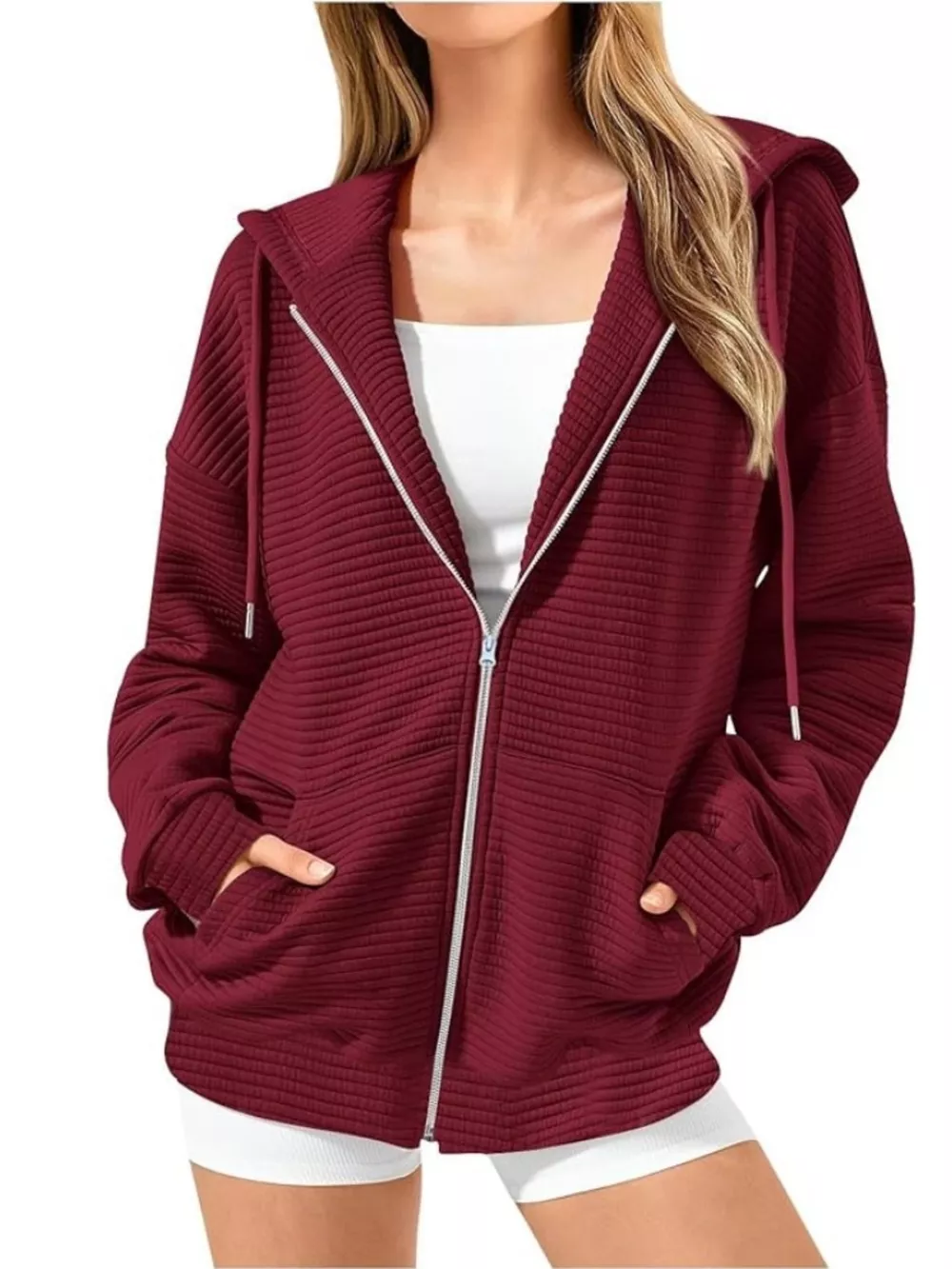 Drawstring Zip Up Dropped Shoulder Hoodie, image 16