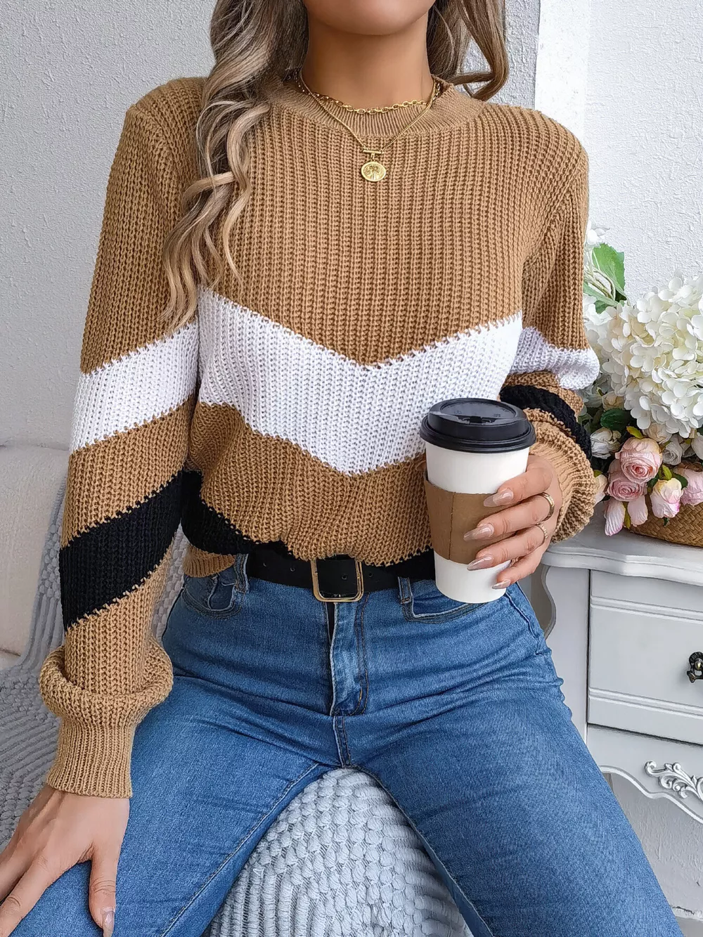 Chevron Stripe Color Block Round Neck Sweater, image 14