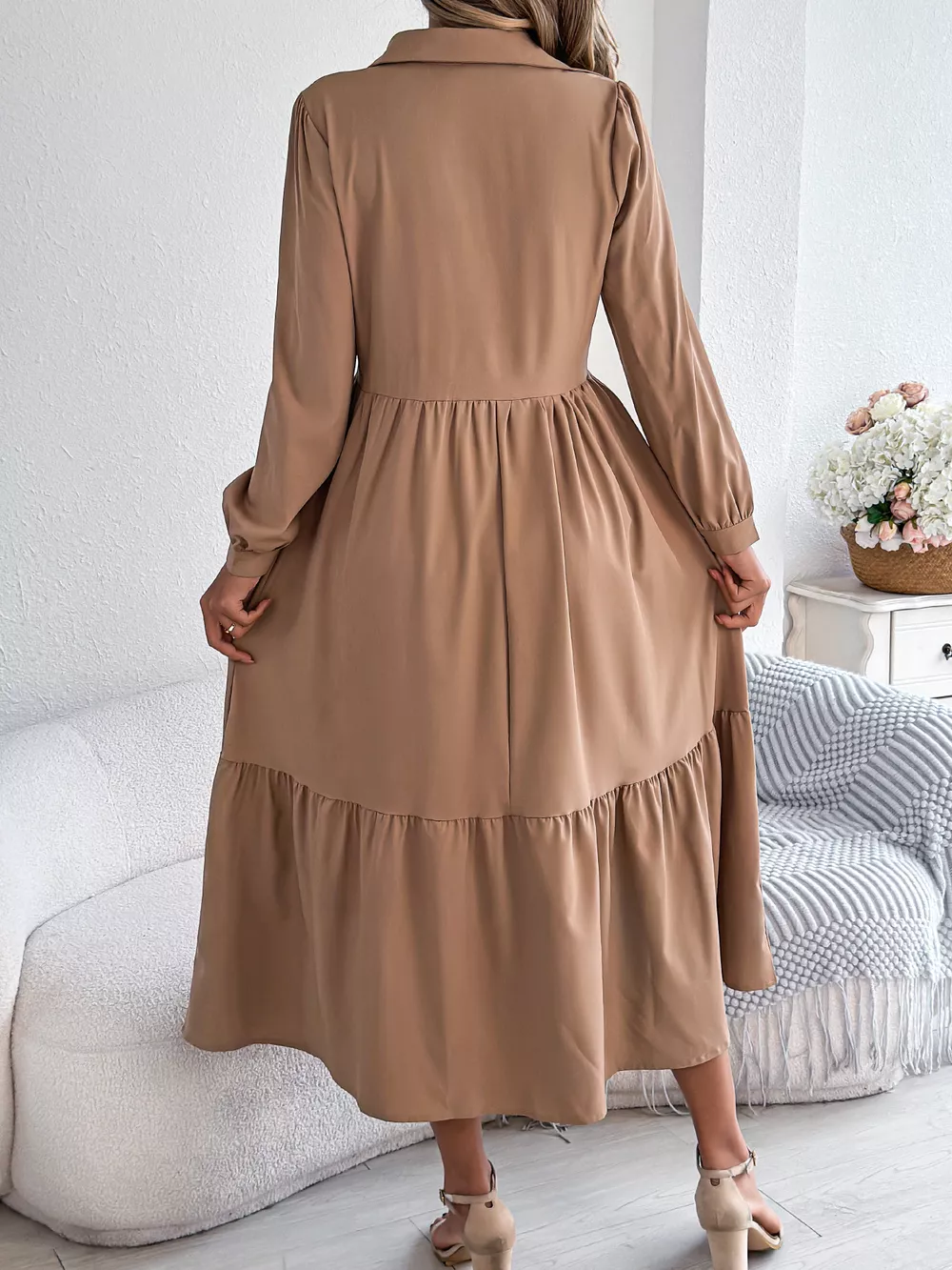 Long Sleeve Tiered Button Front Midi Dress, image 18