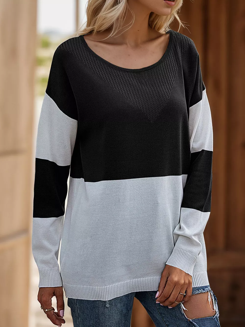Color Block V-Neck Knit Top, image 12