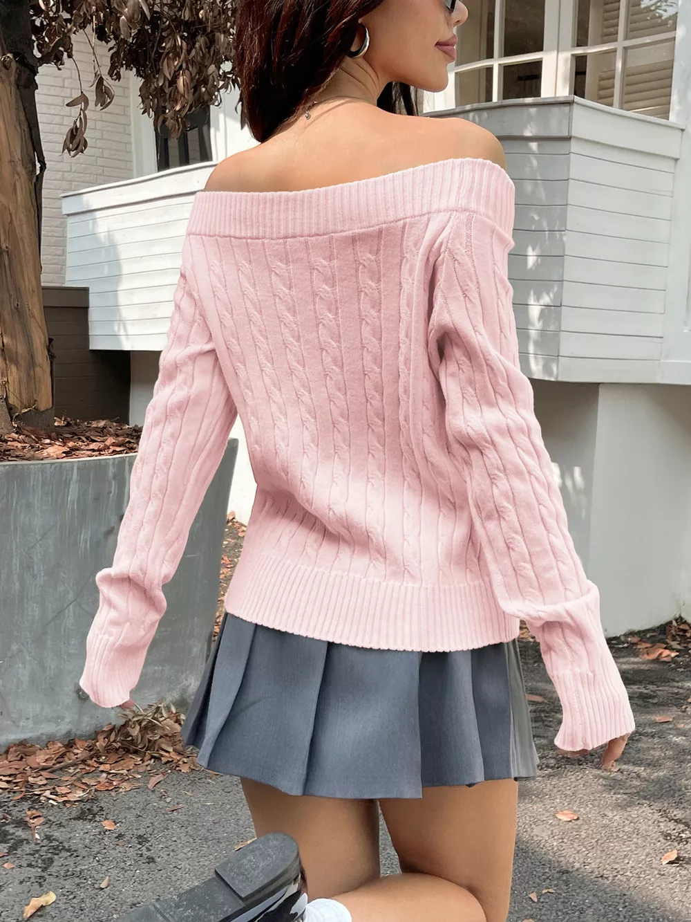 Off-Shoulder Cable Knit Sweater, image 11